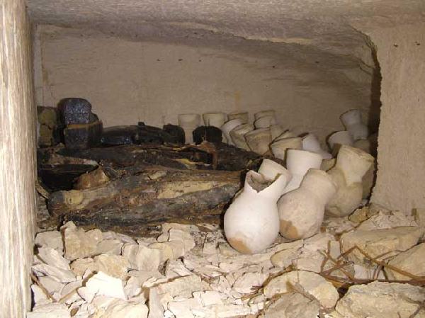 KV-63 Tomb interior depicting coffins and storage jars